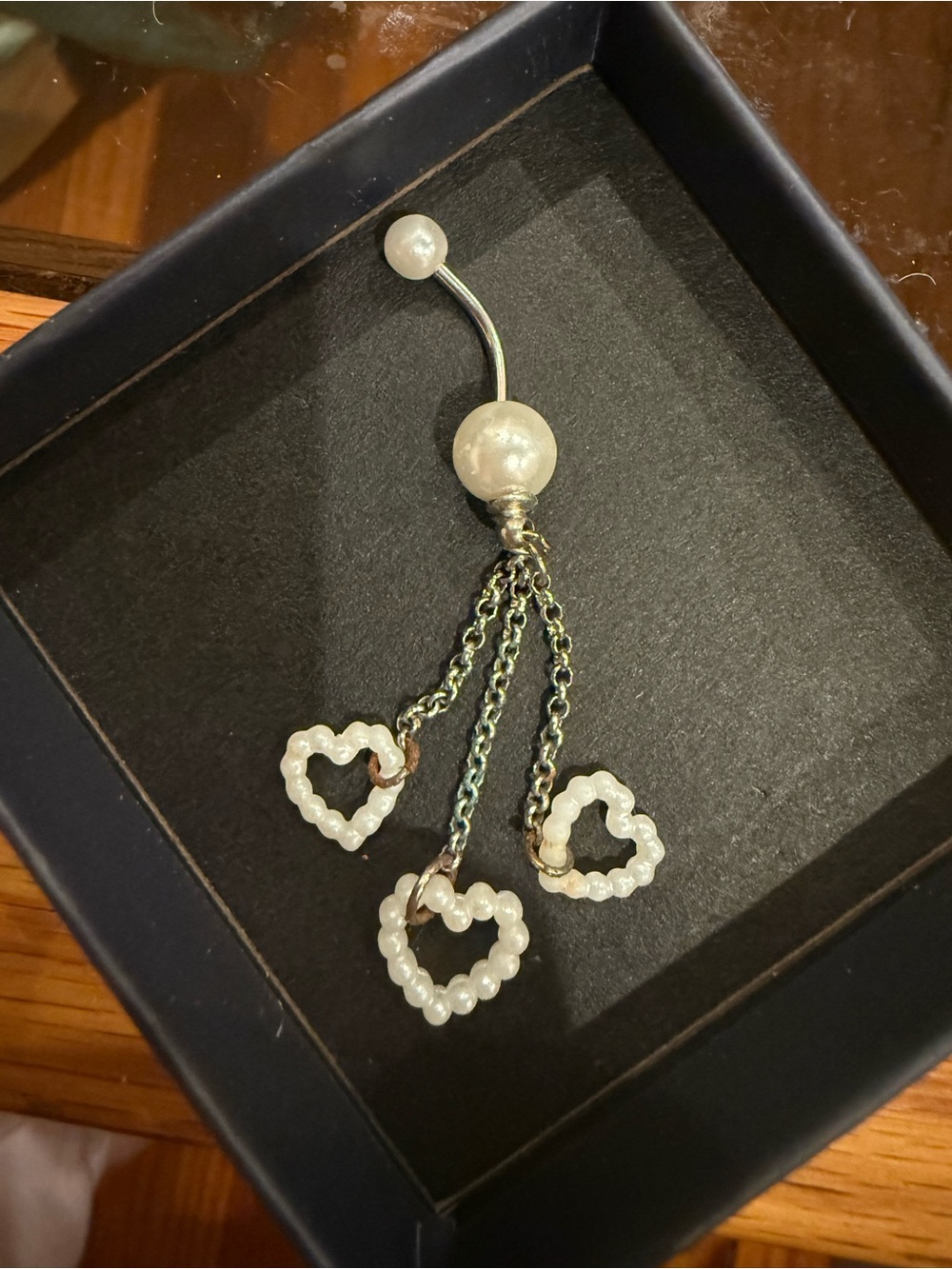 Pearl Heart Drop Navel Ring with Triple Dangles - White